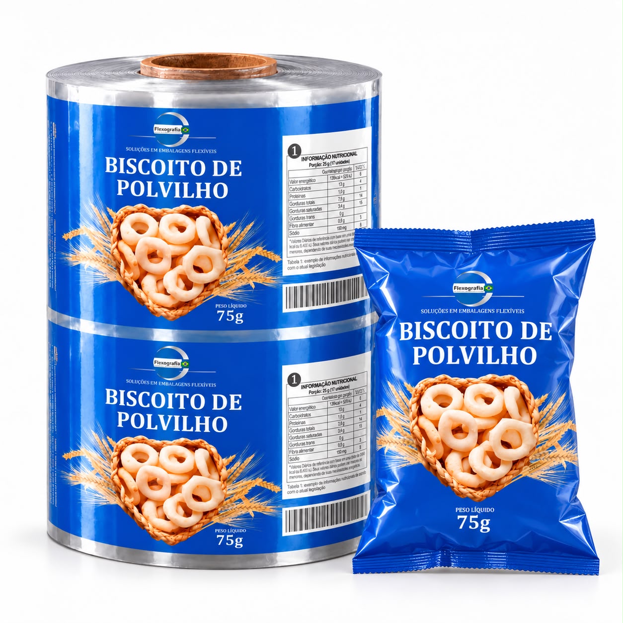 Bobina e saco de filme de polipropileno impresso para biscoito de polvilho